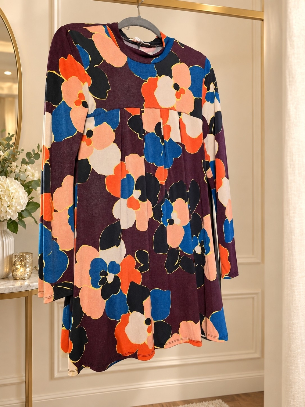 BCBGeneration Multicolor Floral Midi Dress in Purple, Blue, Peach, Orange